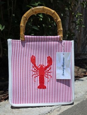 Tommy Bahama Red & White Striped Tote with Lobster Motif and Bamboo Handles